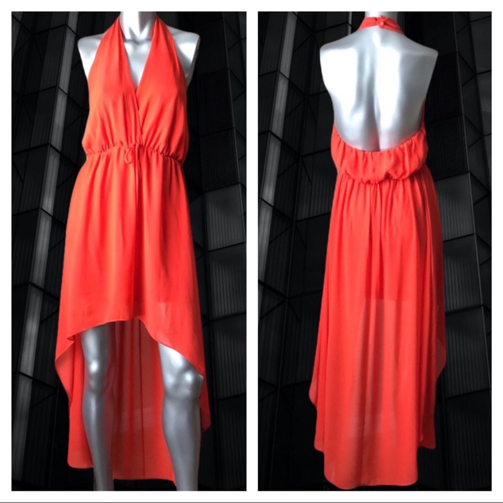 High Low Double Zero Asymmetrical Midaxi Halter Dress